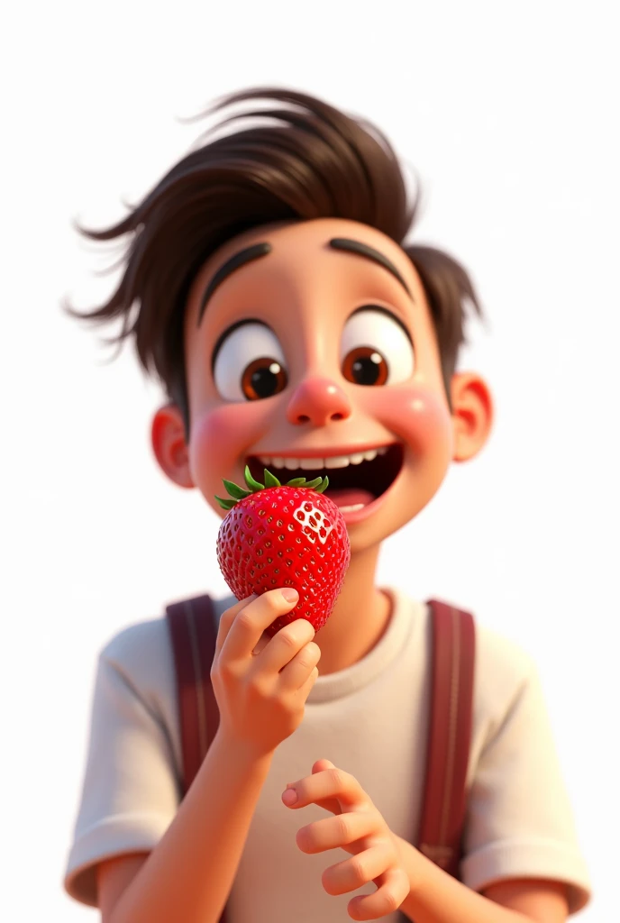 I want to create an image with a white background of someone eating a strawberry, Disney Pixar style.