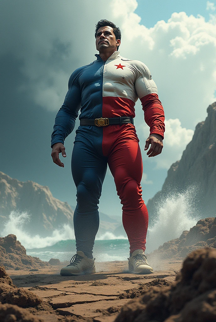 Make an image of a Chilean hero with his clothes in the colors of the flag and him with Pinochet's face (dictator) and he has powers of magnitude 8 earthquakes.7 with the ground cracking and tsunamis