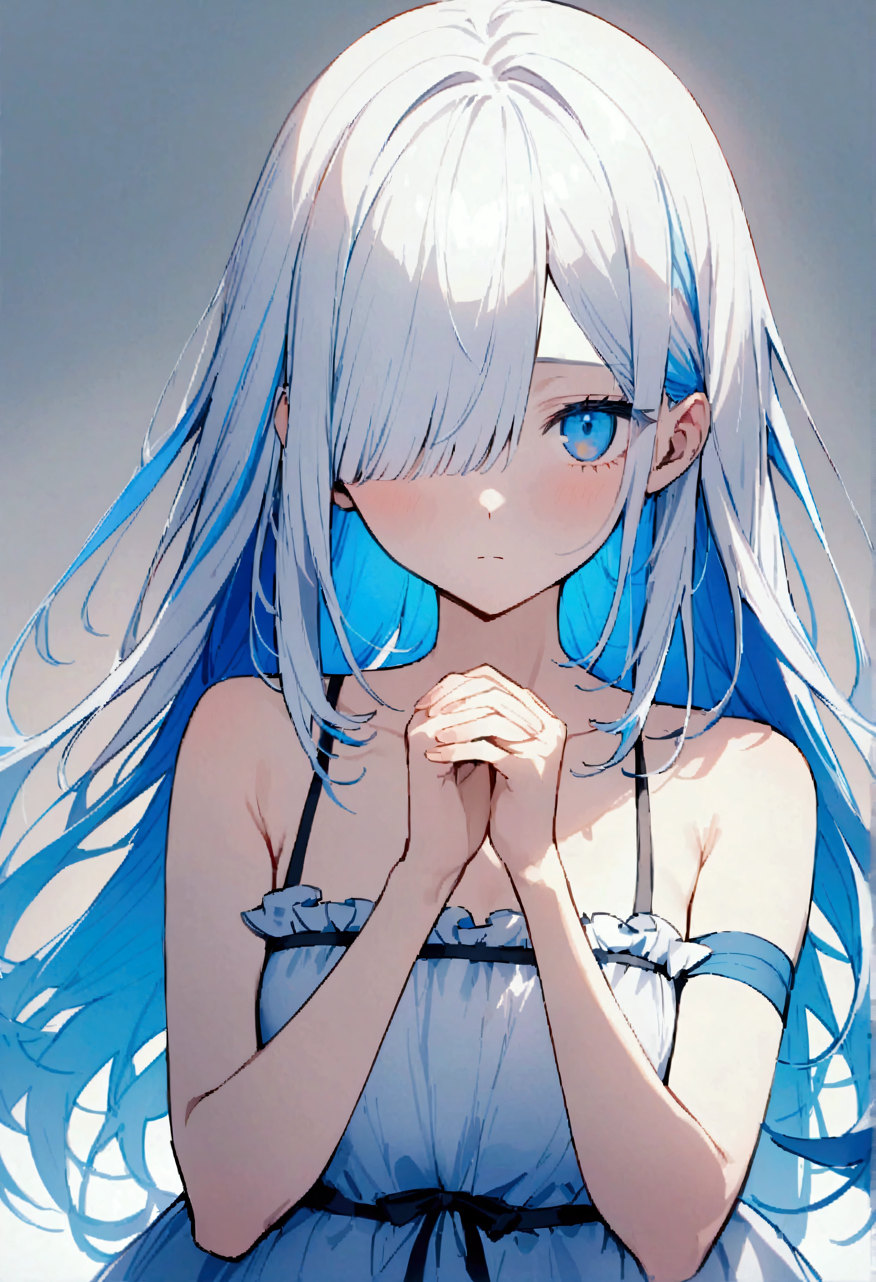 masterpiece、最high quality、high quality、 1 person、solo、bandage、bandageを巻いた腕、Long Hair、Glitch、blue eyes、See who&#39;s watching、dress、Colored inner hair、clavicle、Closed Mouth、White Hair、Blue theme、crackた肌、Frillsのdress、White background、ribbon、Frills、Upper Body、Tilt your head、白いdress、variegated hair、Raise your hand、Blue Hair、Expressionless、crack、Simple Background、covering one eye、Exposed shoulders、Straight Hair、青いribbon、straight、Hair behind the ear、ストラップレスのdress、
