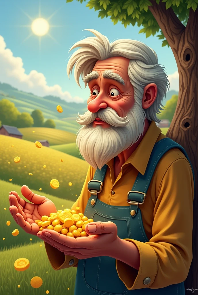 Old Farmer  he find some small size golden seed show his imagination and thoughts like he has big house like rich man he will be now rich cartoon 