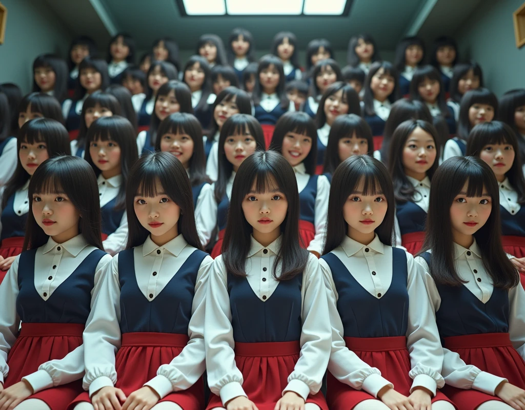 (Japanese Clone-girls=Myself), (Super Best masterpiece Clone-girls Raw Photography Art), (16K, Highest quality, Ultra-high resolution, RAW Photos), (It's so unrealistic., With unparalleled depiction, With an unfathomable sight, An unprecedented and shocking worldview, Clone-girls: In a world of mass reproduction, Ultra-realistic), (Japanese Girls, Yokoyama-Yui, , Small face, Thick black hair, long hair, Dark Eyes, Mature face, Cute Smile, Smiling face, A gentle gaze, Very pleasant look), (Very beautiful detailed girls, Accurate body structure, Accurate body movements, Very detailed body, (Super big breasts, Large bulge of ample breasts)), ((Schoolgirl uniform, Short sleeve, mini skirt, Emphasise the fullness of your breasts)), (Very detailed, Myself cloning, Depiction of splitting oneself, 1Myself girl→1,000,000,000,000,000,000,000,000,000,000Myself cloning girls), (Myself clone girlsは, With the same perfect appearance without any difference, to multiply in large numbers), (Very detailed depiction, Myself's multiplying female body, In the same female body,With the same face, With the same hairstyle, In the same clothes, At the same height, 同じSuper big breastsで, A completely indistinguishable female body, 1,000,000,000,000,000,000,000,000,000,000 people), (Myself girls only), (Academy, academic level, Commemorative photo depiction, Tiered stage photography, Happy smile, Front view)