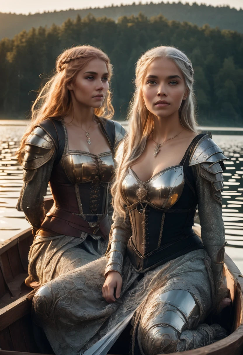 Create a highly detailed, realistic fantasy image of three beautiful warrior women sitting together in a wooden boat on a tranquil, sunlit lake. Each woman has distinct hair color—one with flowing silver hair, one with vibrant red hair in braids, and the third with long golden-blonde hair. They are dressed in intricately designed medieval armor with feminine touches, such as lace-up bodices and flowing skirts. The armor features metallic shoulder guards and leather straps. The atmosphere is peaceful, with sunlight reflecting off the water and casting a warm, natural glow on their faces. The background should show the gentle waves of the lake and hints of a lush, green landscape in the distance, creating a serene yet adventurous setting