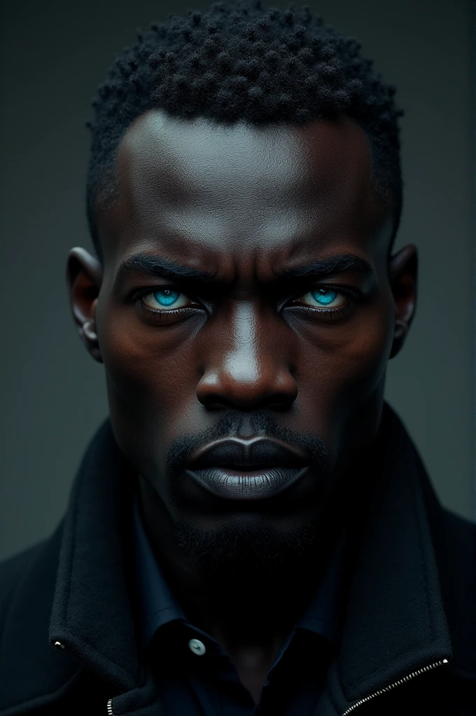 dark african man, approximately 1, blue colored eyes 