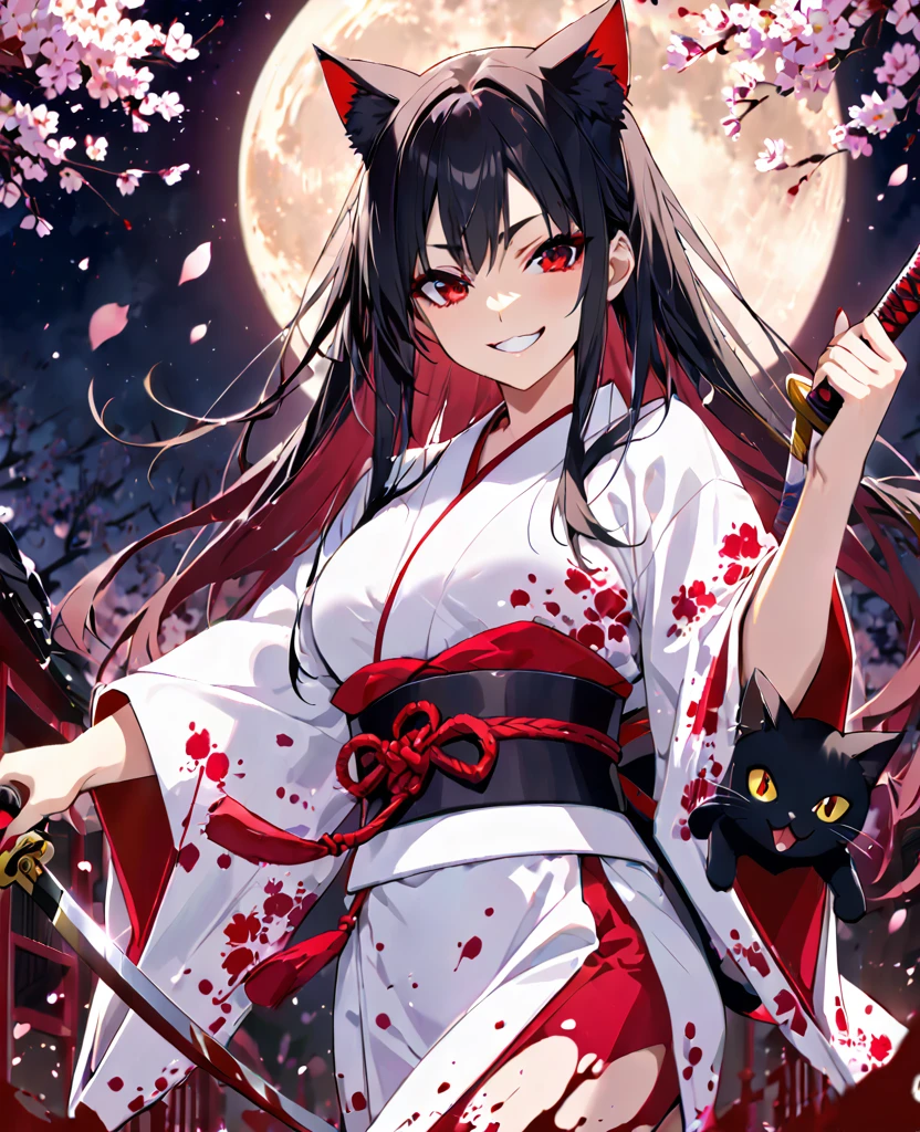 Girl in white kimono, black hair, long hair, red eyes, cherry blossoms at night, moon, Japanese sword, blood splatter, smile, madness, chest, black cat