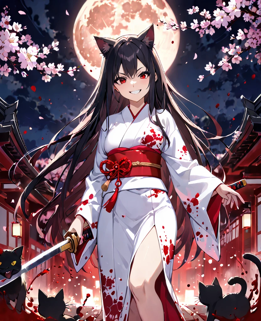 Girl in white kimono, black hair, long hair, red eyes, cherry blossoms at night, moon, Japanese sword, blood splatter, smile, madness, chest, black cat