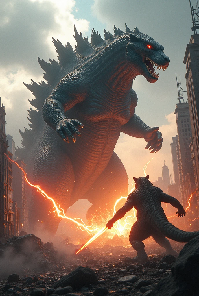 A fierce battle unfolds, with the giant cat slashing and Catgodzilla shooting energy beams from its mouth. The city is in ruins beneath them.