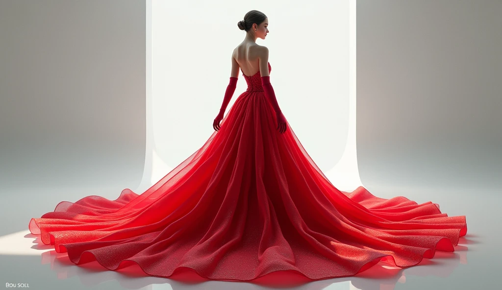 digital princess in a long tight red mermaid style dress with long gloves, smooth, slick, soft, digital dress selection zone