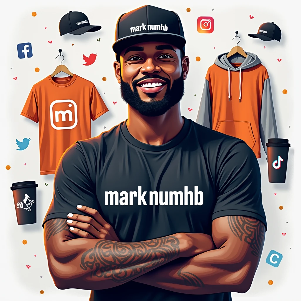  Create a social media cover photo for the marketer a beard and black basketball hat doing digital marketing with the logo "Mark Numhb " with Facebook icon,Twitter icon ,Instagram icon ,twitter icon and tiktok icon where the person completes the design and puts them Vectors, Vector T-shirts, Vector Cups, Vector Caps and Vector Hoodies Sell online 