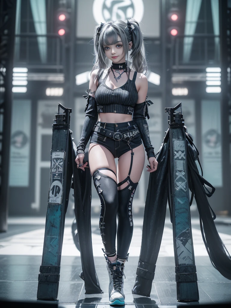 (Full Body View:1.2)、(Side view:1.2)、(Smiling with teeth showing:1.3),(Shibuya Gal:1.5)、(Gothic style fashion:1.5)、(Punk rock visual kei:1.5)、(Wearing a rhythmic gymnastics bodysuit with intricate details:1.4)、(Complex white racing suit and pants, Denim and turquoise decor:1.5)、(Denim and light blue and white boots:1.3)、((belt))、(A number of subtle logos are featured throughout the costume々:1.4)、(collar:1.3)、(Striped underwear:1.5)、20-year-old、Browsing Caution、((Highest quality、In 8K、masterpiece:1.3))、Sharp focus:1.2、(Layered Cut、Huge boobs:1.1),Beautiful woman with perfect figure:1.4、(Dance vigorously:1.3)、Slim Abs:1.2、Highly detailed face and skin texture、Detailed eyes、double eyelid,(Twin tails:1.3)、(Dark silver hair:1.3)、Idol Sculpture、(The background is the stage for a fashion show:1.3)、(The body is slim:1.3),(Slimming your legs:1.4),(clavicle:1.1)、(Thin and slim thighs:1.3)