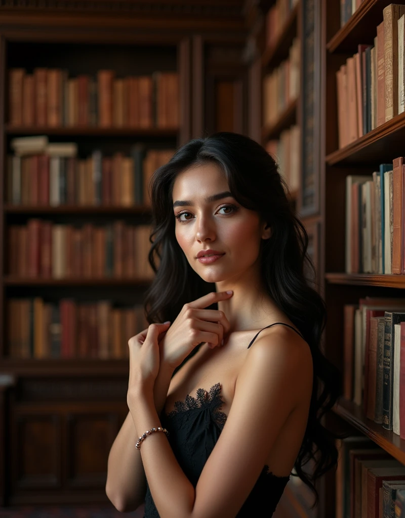 The model stands by a grand bookshelf in a classical library, her hand sensuously caressing a book while her other hand gently brushes her neck. Her expression is both thoughtful and enticing, with a flirtatious smile and eyes that captivate. Shoot from a slightly elevated angle, focusing on the elegance of her pose and the rich textures of the library setting, enhancing the seductive atmosphere.