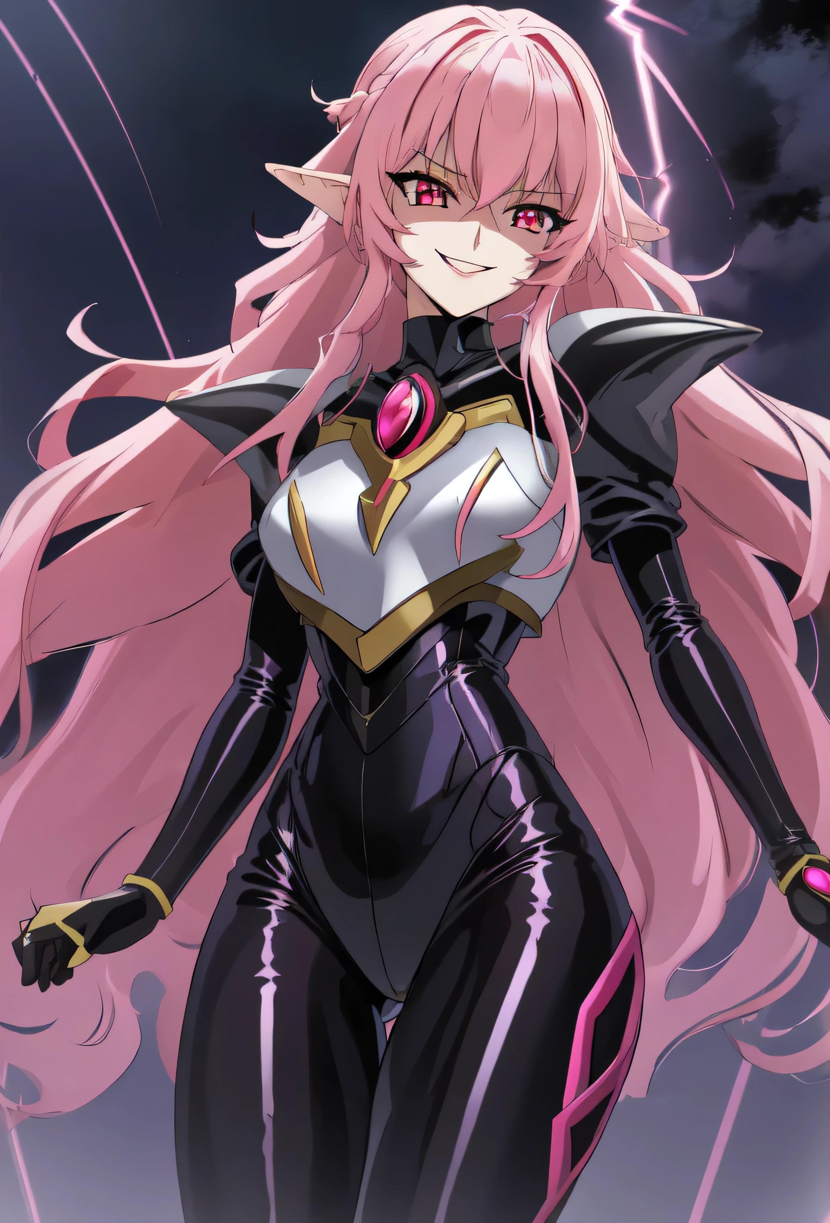 high quality, extremely detailed, perfect face, Nova, long pink hair, (black latex bodysuit), steel pauldrons, steel breastplate, long ears, evil smirk, evil laugh, medium breasts, (dark and stormy skies, lightning)(masterpiece:1.0),(Highest_quality:1.0), 超High resolution,4k,Super detailed, photo shoot, 8K, HDR, High resolution, disorganized:1.2, kodak portrait 400,raising a lightning,,Embodiment of evil,sadistic smile,deep shaded face(eyes in shadow),singlebraid,smile worst,worst ridecule,most evil moukery,,onebraid,,two hands,five fingers,black and purple background,A face full of evil,most evil ridicule,white micro pants,