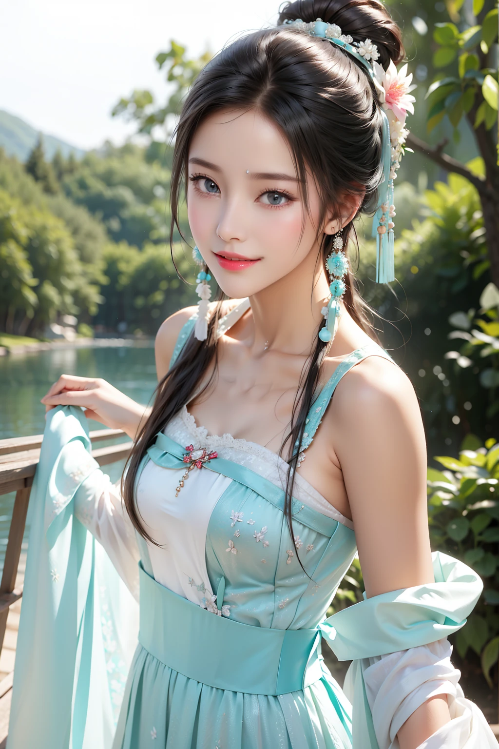 1 girl,exquisite,light smile,Dancing on the lakeside,white color|Turquoise Hanbok,Tulle Hanfu Beauty,Textured clothes Glossy shiny skin,ray tracing,
best quality,masterpiece,(realistic:1.4)
