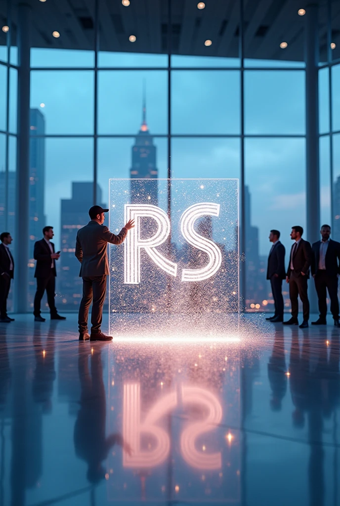 A huge glowing 3D logo of KRS Electricals kept on white floor and an Engineer touching logo and creating glowing waves on logo's surface in the backside a big window showcasing skyscraper and employees arounded