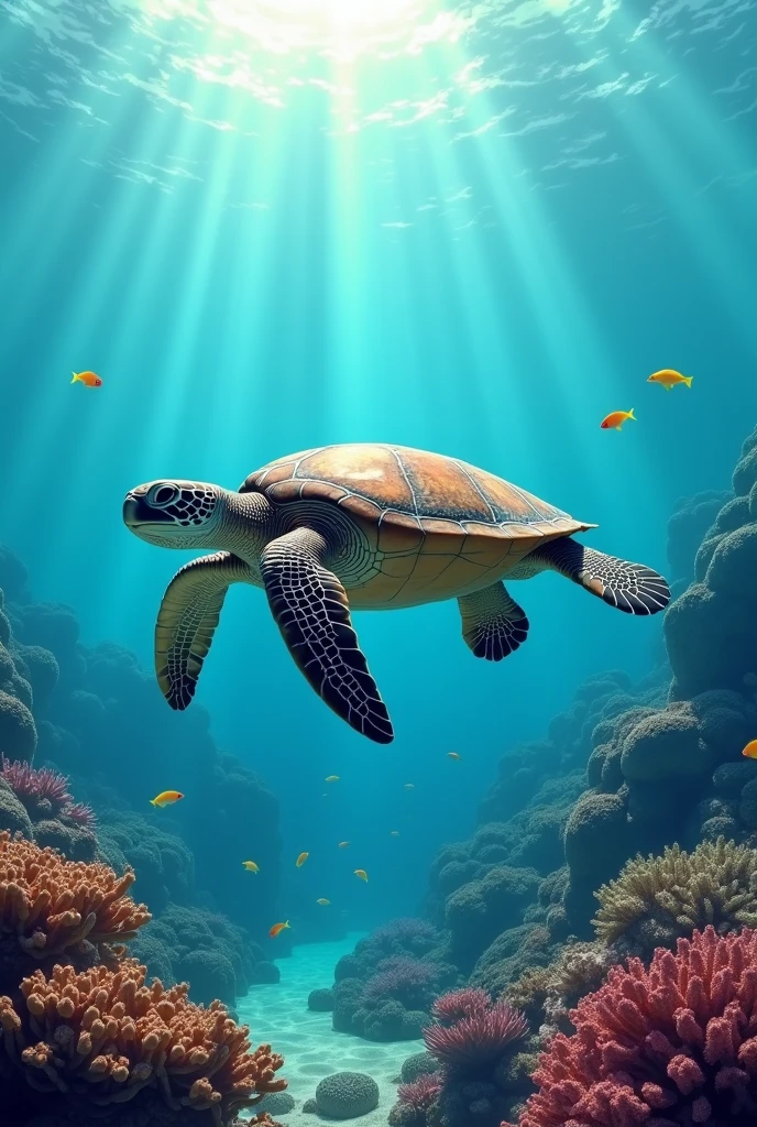 A sea turtle swimming peacefully in crystal clear waters, with a bottom of corals and tropical fish. The image must convey longevity and resistance.