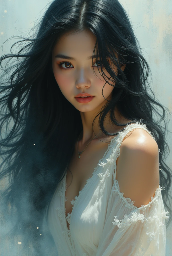 A beautiful Asian girl emerges like a living work of art.
Her long hair cascades down, blending seamlessly with the brushstrokes, creating a beauty that's both real and dreamlike. Her piercing gaze holds a story from a world where reality and fantasy intertwine, making it impossible to look away.
