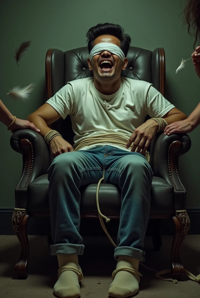 There is a handsome young Malay celebrity from Malaysia named Haqiem hands,legs with black socks tied with ropes to the chair and eyes covered with cloth a kiddnaper opened Haqiems shoes and tickled Haqiems soles with chicken feathers Haqiem laughed uncontrollably because his soles were being tickled by feather duster