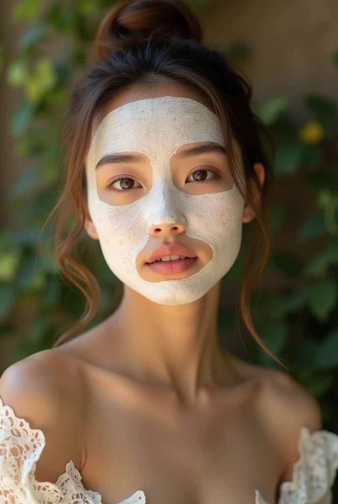 Real female model creative shoot with applied rice face mask