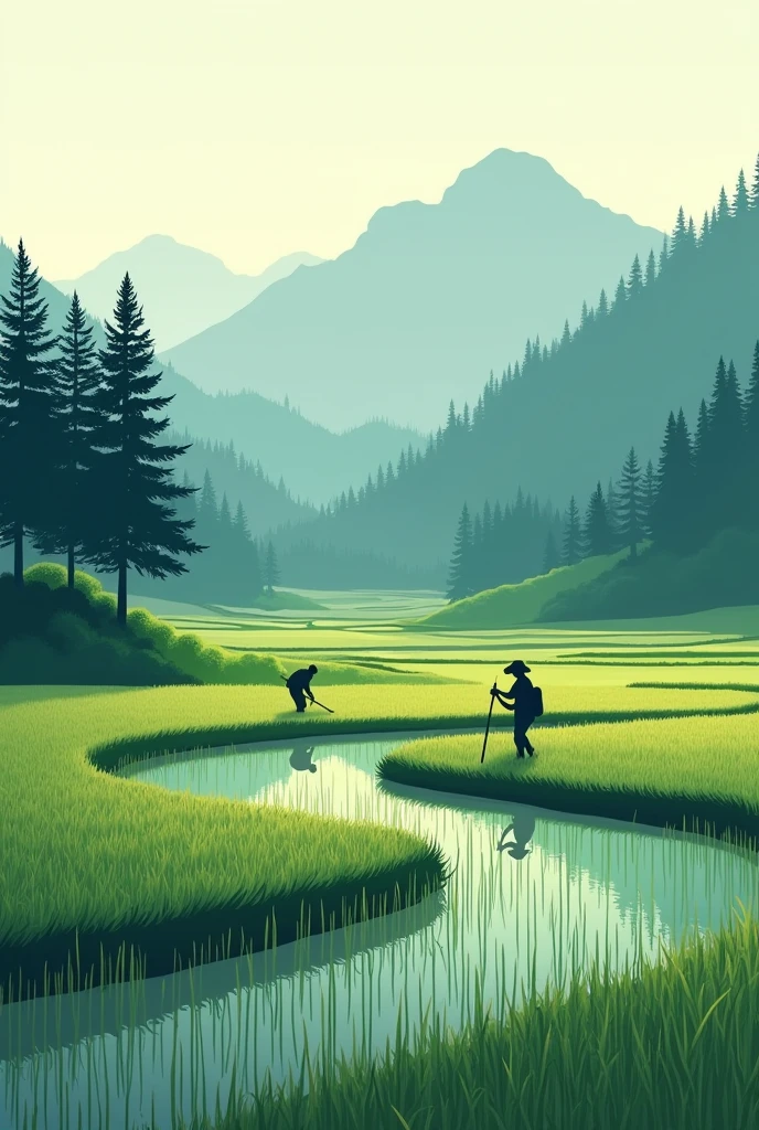 Make me a vector photo, a view of a rice field with farmers and a view of a pine forest behind the rice field , the land is lowland