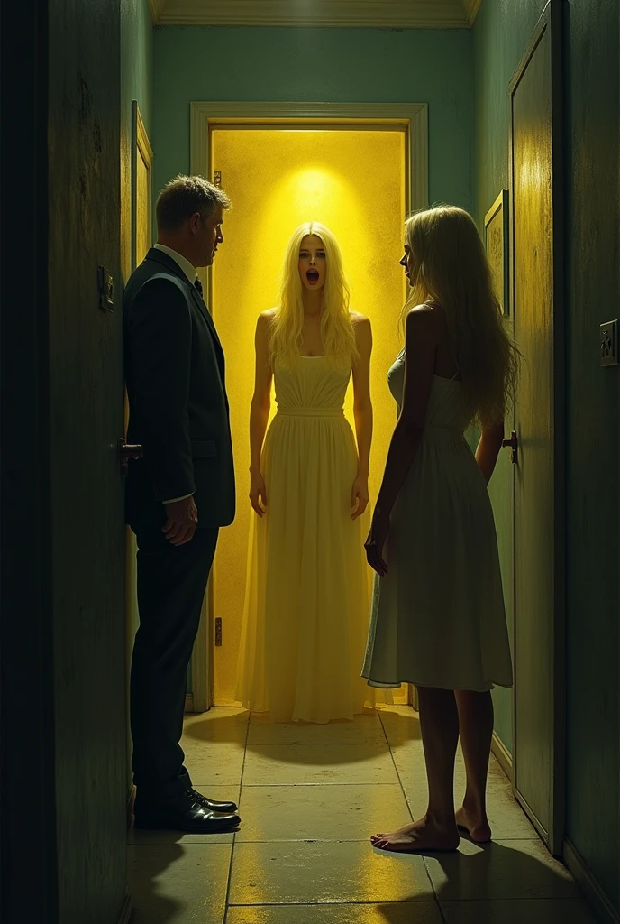 bathroom blonde, bloody Mary, golden mouth and a well-dressed man and a hairy leg in a dark room