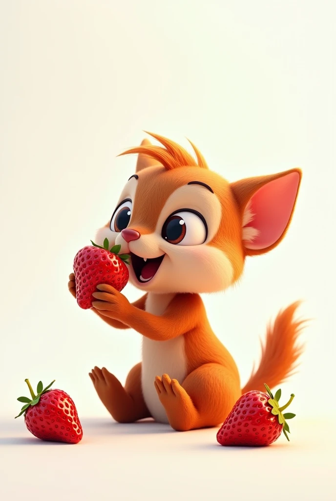 I want to create an image with a white background of a eating a strawberry, Disney Pixar style.