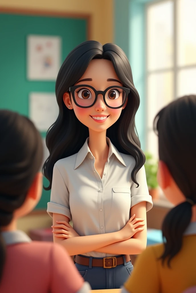 A black-haired female teacher, clear skin, Brown eyes, black plastic glasses, loose hair, animation type, with students, smile without showing teeth, 30 years old