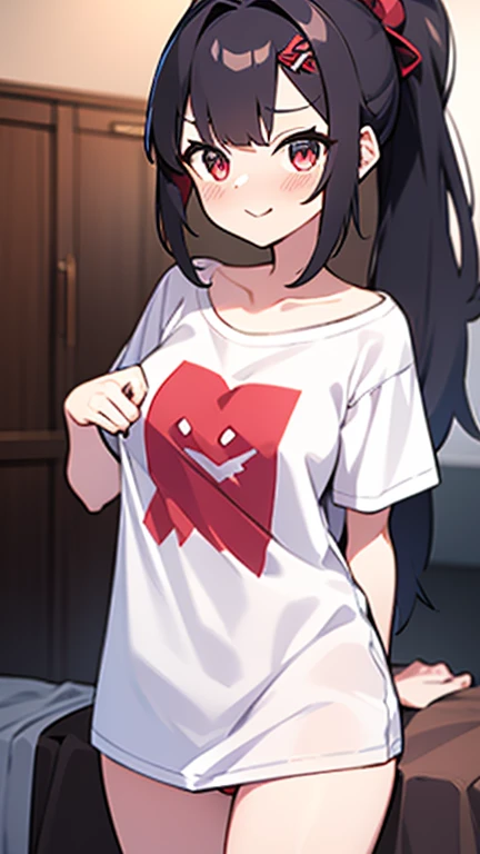 High tail hairstyle, ponytail hairstyle, Ponytail hairstyle,white hair, Long wavy black hair, standing posando, anime girl style, pixel art anime style,penetrating look with deep eyes,red and purple eyes, hair with a ponytail hairstyle trapped with a big red bun, women, red hair clips, x color shaped hair clips , smiling face blush, next to his bed, Black hair, thighs grandes, NSFW, from below, neckline, looking at the viewer, lascivious smile, ((oversized t-shirt)), off the shoulders, without pants, washing machines, thighs, ((White T-shirt)), standing, hands on the hips,Hair down to the back