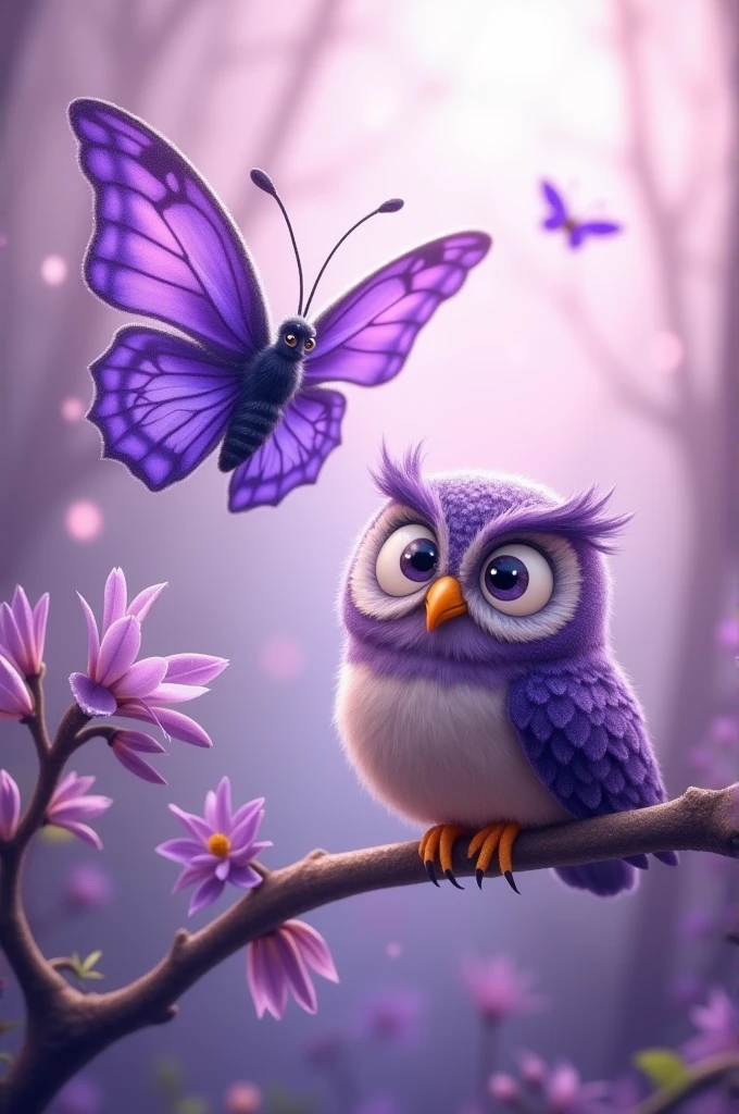 Image fond violet papillon et chouette rigolo