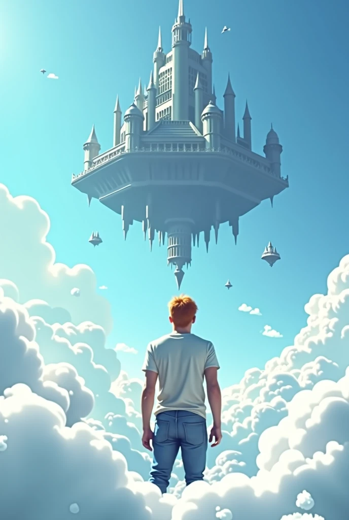 A cinematic medium shot of a man with reddish-blonde hair wearing a t-shirt and jeans. He is standing knee-deep in clouds, between fluffy white clouds and looking at a magnificent fantasy city with intricate details. The city is floating in the air above the clouds, with small defensive towers flying around it. The background is a clear blue sky. The city has a heptagonal shape, with corner towers connected to the central part by galleries and passages. The city's design is strict yet graceful, combining futuristic and traditional architectural elements. It soars high in the sky in the air far away. The city has a fantasy look with a futuristic twist, and the flying towers serve as defense structures.