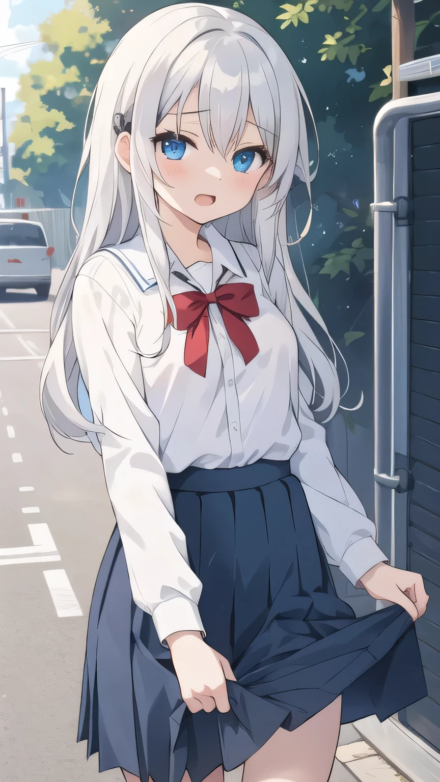 cute girl, アニメ, silver hair, straight hair, Blue eyes, outdoor, cowboy shot, (orgasm:1.2), (young:1.4), dark blue skirt, white camisole, small bust, school uniform