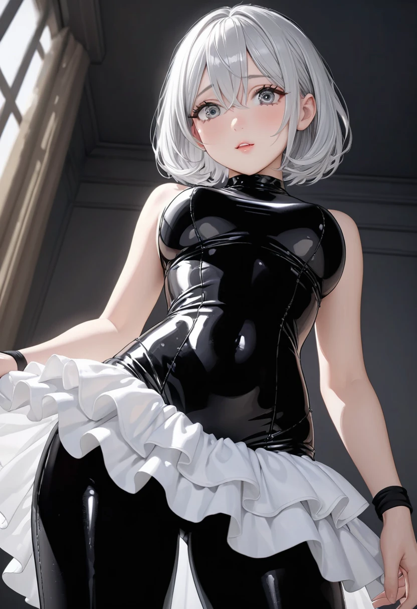 Masterpiece, Committed to ultra-high definition and vivid colors, Super detailed, Attention to detail, highest quality, 8K, 16K, Exquisite detail, A style that combines romanticism and realism, High resolution, Perfect Anatomy, soft light, (shoot from below:1.1), BREAK ((shiny silver hair)), bob cut, bang between eyes, beautiful hair), (glossy silver eyes:1.5), (beautiful eyes, twinkle eyes, large eyes, close eyes), BREAK (athlete body, large breasts), cute face, beautiful face, pretty face, beautiful, best quality, good anatomy, long eyelashes, expressive eyes, Perfect Hands, BREAK (slim-fit black leather unitard with (tiered skirt, black leather peplum), (countless rivets) on unitard:1.6), (sleeveless:1.2), (high neck, smooth and erotic black leather luster), (black leather leggings:1.2), (black wristband with countless rivets:1.6), black platform boots with heels, BREAK contrapposto,