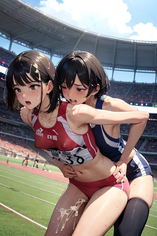 Browsing Caution、Very cute and beautiful,very thin body、Model body type、(Very detailedな美しい顔), (((全身にSweatをかく))),(((Sweat)))、(((Sweat臭い)))、(((body odor)))、blush,((Black Hair、short hair、Pink highlights on the inside)),((Gal、Center of chest)),((Track and field athlete uniforms)),((Low Angle、Dynamic Angle)), (Highest quality,masterpiece:1.0),Very detailed,32K,8k resolution,,Movie Scenes,Detailed Background,Dynamic Angle,(((masturbation)))、((Athletics Stadium、Track competitions、Many spectators))、(((Nipple masturbation)))、(Feel the ecstasy)、((Detailed vagina、Thick pubic hair))、((((Sex with a man))))