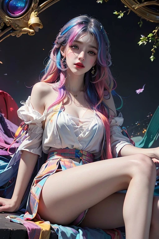 {{masterpiece}}, best quality, Extremely detailed CG unified 8k wallpaper, light, lens flare, beautiful details eyes, Black,  multi color hair, rich and colorful light, particle, heterochromia, (rich and colorful:1.5), (rich and colorful hair:1.5),spread legs，Expose pussy，No obstructions，coquettish，transparent