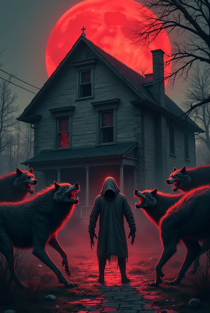 Old residence and a blood-colored moon , zombie wolves jump and bite you , you fall to the ground 