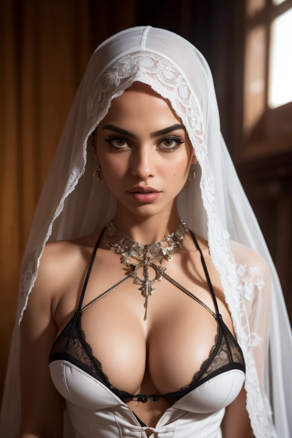 Hijab,  sexy pirate attire,  thin,  teen, palestinian model, pirate, thin body, skin tight, full body white lingerie dress, perfect body,  (big breasts) standing pose, lingerie leg accessories, waist accessories, arm accessories, face accessories, above top view, close up,