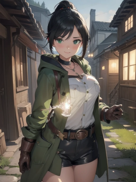 ((extremely detailed 8k illustration)), highres, (extremely detailed and beautiful background), ultra detailed painting, professional illustrasion, Ultra-precise depiction, Ultra-detailed depiction, (beautiful and aesthetic:1.2), HDR, (depth of field:1.4), colorful, vivid, beautiful detailed glow light particles, intricate:1.4, nice hands, perfect hands, (young girl), ((kawaii)), (highly detailed beautiful face and eyes, big breasts, firm breasts), oily skin, ((black hair,black eyes, (bob with short ponytail hair))), thin pubic hair, cute lovely, cheerful disposition, bashful, smile sweetly, full body, thick thighs, (((A sturdy green travel coat))), ((silver breastplate)), sturdy tunic, (leather gloves), (Leather boots), ((leather belt:1.2 with pocket:1.1)), A necklace adorned with magic stones, A small farming village where people come and go,