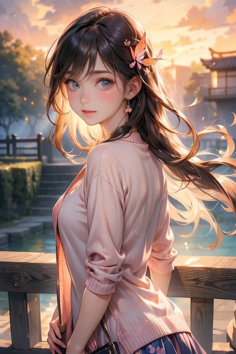 A beautiful Japanese woman with blue beautiful detailed eyes wearing a pale soft pink cardigan Pink Cardigan Soft orange light 「Hair with gentle waves swaying in the evening breeze、Soft orange lightが髪に反射し、Make you feel the end of summer。」From the balcony, he rests his elbows on the railing and puts his face in his hands. Looking out at the scenery I feel the end of summer Late summer afternoon Autumn wind Depiction from the waist up Nostalgia Looking back on fun memories, she smiles softly with a sad look in her eyes A beautiful and lovely detailed butterfly flying.