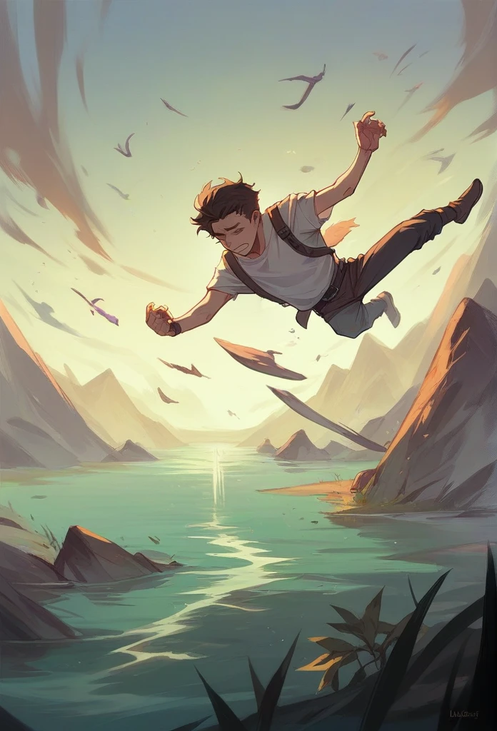 The River of Time of Humanity, a man is floating on it, another drowns in the hands of death