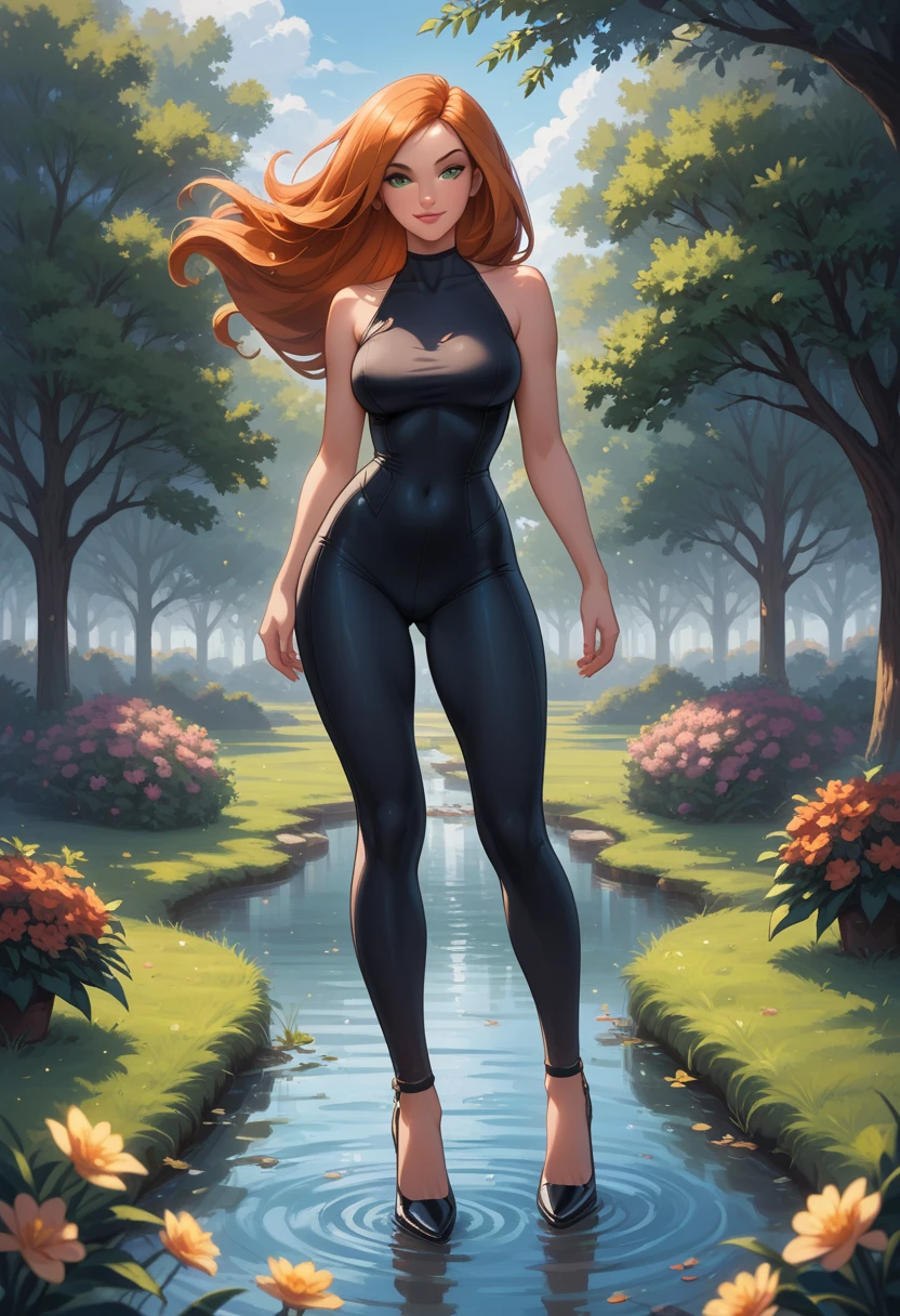 score_9, score_8_up, score_7_up, score_6_up, rating_safe, source_cartoon, BREAK beautiful Kim Possible (orange-red hair:1.1), sexy smirk, BREAK sleeveless catsuit, high heels, choker, BREAK walking in park beside pond, daytime, sunny, beautiful trees and flowers, BREAK shallow depth of field, BREAK highly detailed, bokeh, moody, epic, gorgeous, grainy, BREAK (ultra-detailed), (best illustration), (best shadow), (absurdres), (detailed background), (very aesthetic).