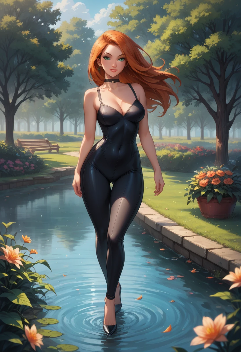 score_9, score_8_up, score_7_up, score_6_up, rating_safe, source_cartoon, BREAK beautiful Kim Possible (orange-red hair:1.1), sexy smirk, BREAK sleeveless catsuit, high heels, choker, BREAK walking in park beside pond, daytime, sunny, beautiful trees and flowers, BREAK shallow depth of field, BREAK highly detailed, bokeh, moody, epic, gorgeous, grainy, BREAK (ultra-detailed), (best illustration), (best shadow), (absurdres), (detailed background), (very aesthetic).