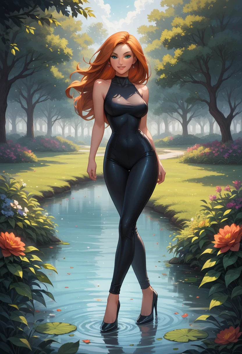 score_9, score_8_up, score_7_up, score_6_up, rating_safe, source_cartoon, BREAK beautiful Kim Possible (orange-red hair:1.1), sexy smirk, BREAK sleeveless catsuit, high heels, choker, BREAK walking in park beside pond, daytime, sunny, beautiful trees and flowers, BREAK shallow depth of field, BREAK highly detailed, bokeh, moody, epic, gorgeous, grainy, BREAK (ultra-detailed), (best illustration), (best shadow), (absurdres), (detailed background), (very aesthetic).