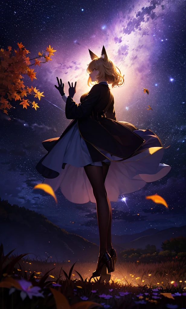 1people々々々々々々々々々,Woman with medium length blonde hair,Fox Ears,Long coat,Takageta, Dress Silhouette, Rear View,Space Sky, Full moon background,Flower Field,Colorful flowers,Dancing Petals,autumn,autumn leaves,