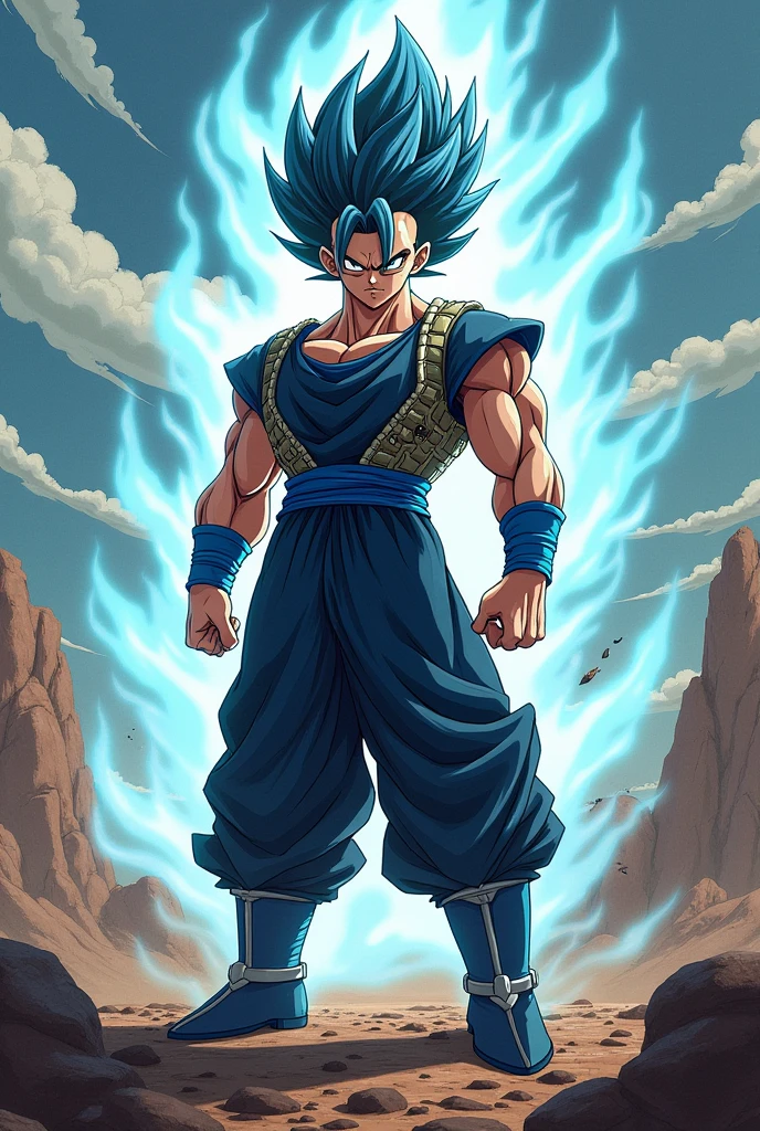 Creates a Saiyan with short hair wearing a blue and black outfit 