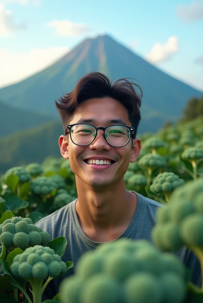Young man aged 30 years, man, half body visible, Stocky, wearing transparent glasses, Mount Merbabu background with lots of broccoli, smile, original