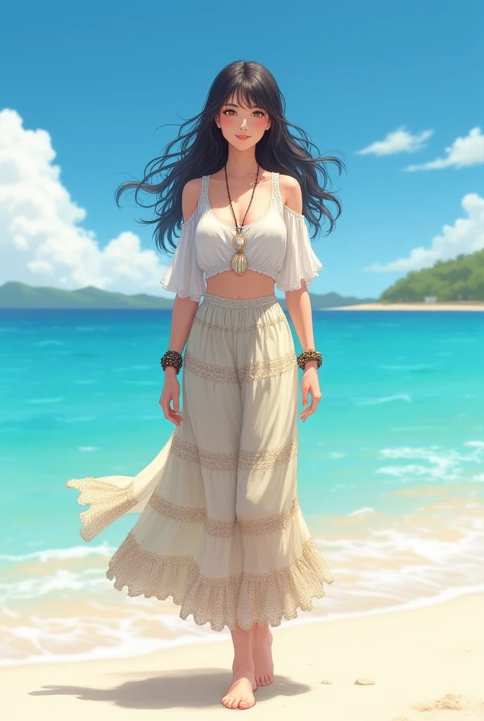 "A 2 Japanese woman from Okinawa、Her name is Higa Ruka(Higaruka)。Height: 165cm、Weight 52kg、Her bust size is 85cm / W60cm / H88cmです。she、Standing on a beautiful Okinawa beach、In the background there is a clear blue sky and turquoise sea.。Her long, wavy black hair fluttering in the sea breeze、Her warm almond-shaped eyes reflect the serenity of the sea.。Dressed in casual, bohemian style clothing、Made from light and airy fabric、She is wearing a flowing white top and a long patterned skirt。Her naturally tanned skin highlights her healthy and active lifestyle.。Barefoot、Lightly touching the soft white sand。For accessories、Includes a shell necklace and woven bracelet made from local Okinawan materials。The overall atmosphere is peaceful and inviting.、Experience the relaxed island life of Okinawa。Natural light gently casts shadows、It brings out her bright smile and the sparkle in her eyes.。"