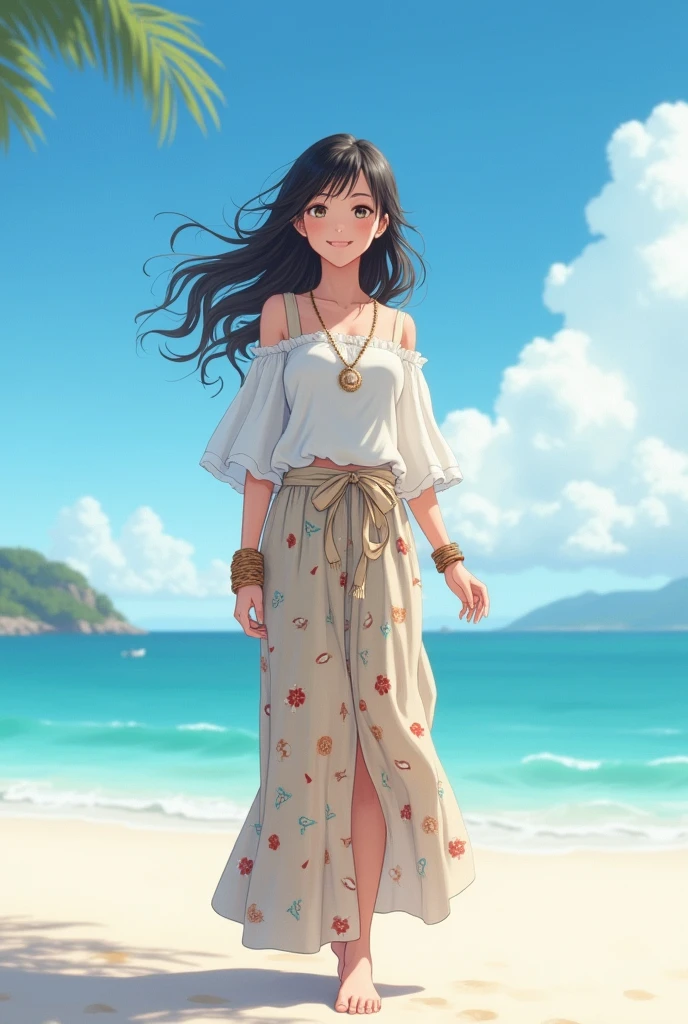 "A 2 Japanese woman from Okinawa、Her name is Higa Ruka(Higaruka)。Height: 165cm、Weight 52kg、Her bust size is 85cm / W60cm / H88cmです。she、Standing on a beautiful Okinawa beach、In the background there is a clear blue sky and turquoise sea.。Her long, wavy black hair fluttering in the sea breeze、Her warm almond-shaped eyes reflect the serenity of the sea.。Dressed in casual, bohemian style clothing、Made from light and airy fabric、She is wearing a flowing white top and a long patterned skirt。Her naturally tanned skin highlights her healthy and active lifestyle.。Barefoot、Lightly touching the soft white sand。For accessories、Includes a shell necklace and woven bracelet made from local Okinawan materials。The overall atmosphere is peaceful and inviting.、Experience the relaxed island life of Okinawa。Natural light gently casts shadows、It brings out her bright smile and the sparkle in her eyes.。"