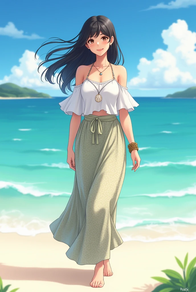 "A 2 Japanese woman from Okinawa、Her name is Higa Ruka(Higaruka)。Height: 165cm、Weight 52kg、Her bust size is 85cm / W60cm / H88cmです。she、Standing on a beautiful Okinawa beach、In the background there is a clear blue sky and turquoise sea.。Her long, wavy black hair fluttering in the sea breeze、Her warm almond-shaped eyes reflect the serenity of the sea.。Dressed in casual, bohemian style clothing、Made from light and airy fabric、She is wearing a flowing white top and a long patterned skirt。Her naturally tanned skin highlights her healthy and active lifestyle.。Barefoot、Lightly touching the soft white sand。For accessories、Includes a shell necklace and woven bracelet made from local Okinawan materials。The overall atmosphere is peaceful and inviting.、Experience the relaxed island life of Okinawa。Natural light gently casts shadows、It brings out her bright smile and the sparkle in her eyes.。"