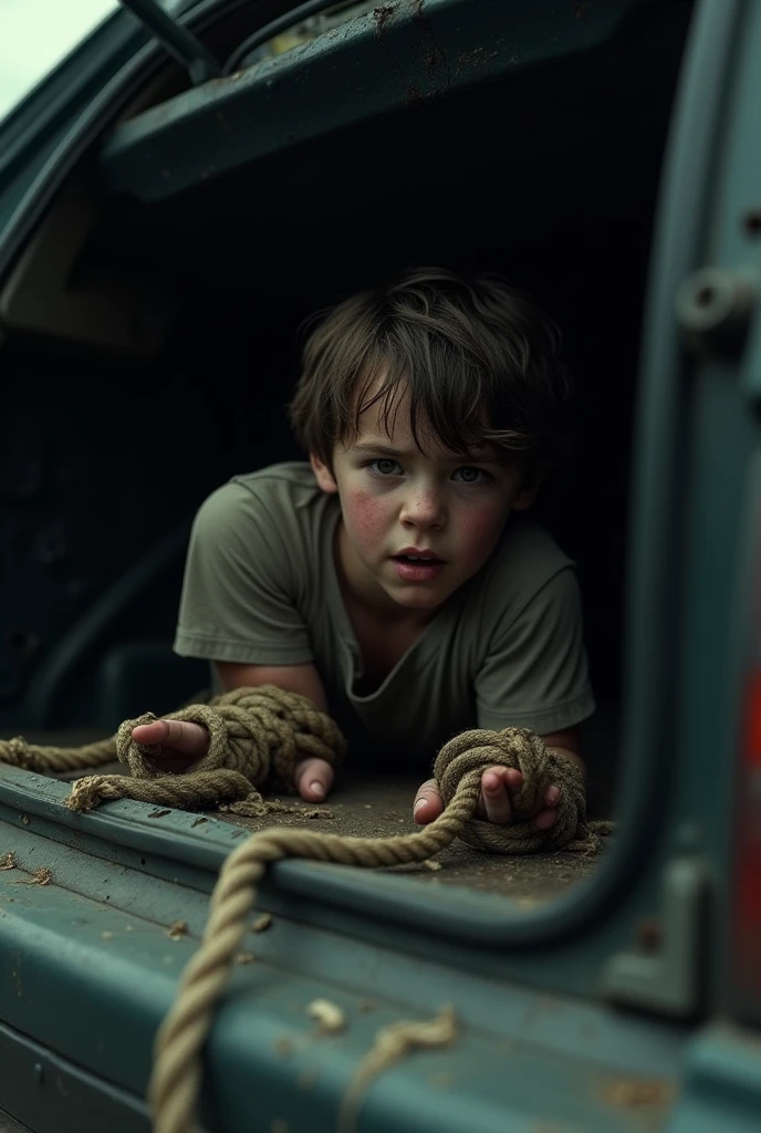 Boy tied up in the car trunk