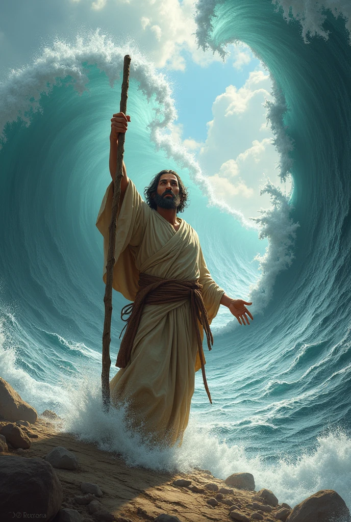 Moses opening the sea with the wooden staff in his hand