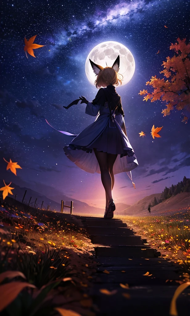1people々々々々々々々々々,Woman with medium length blonde hair,Fox Ears,Long coat,Takageta, Dress Silhouette, Rear View,Space Sky, Full moon background,Flower Field,Colorful flowers,Dancing Petals,autumn,autumn leaves,