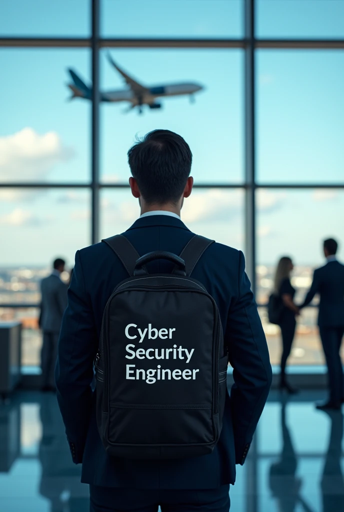 Cyber security engineer is in airport watching plane flying with his bag
In his dress back side  it's written Cyber security engineer 
Matched with his dress colour 
